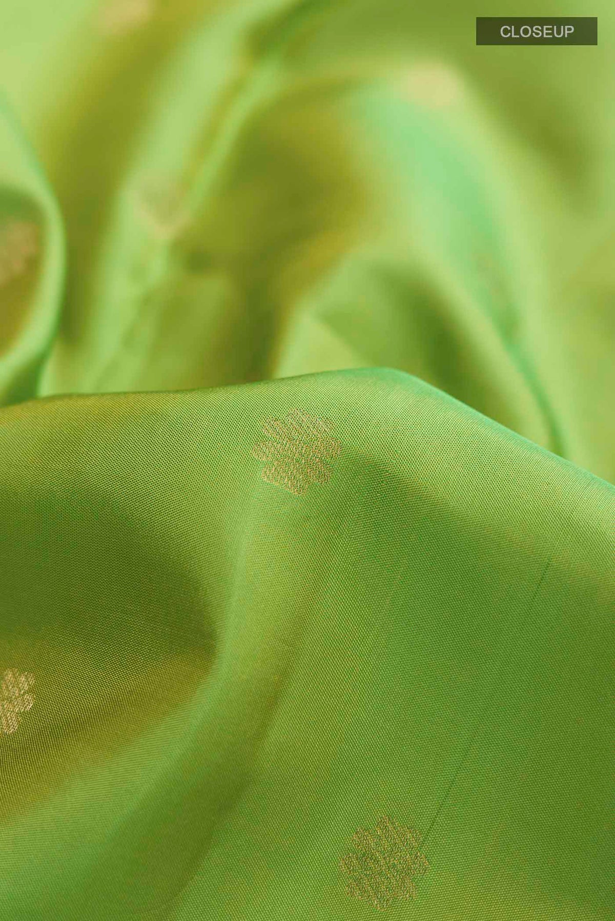 Close up of Green Kanchipuram Silk Saree with Zari Butta on the body and Zari Border displaying folds