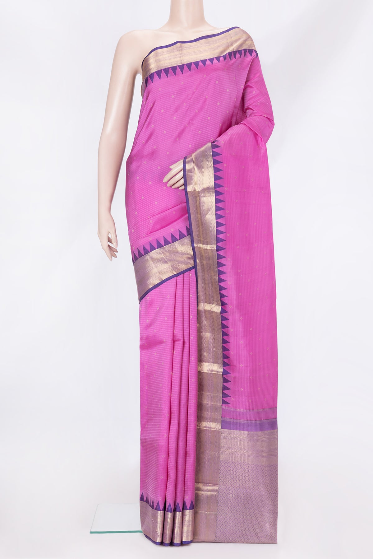 Pink Dual Tone Kanchipuram Silk Saree with Zari Butta on the body and Zari And Thread Border.  displayed on a mannequin