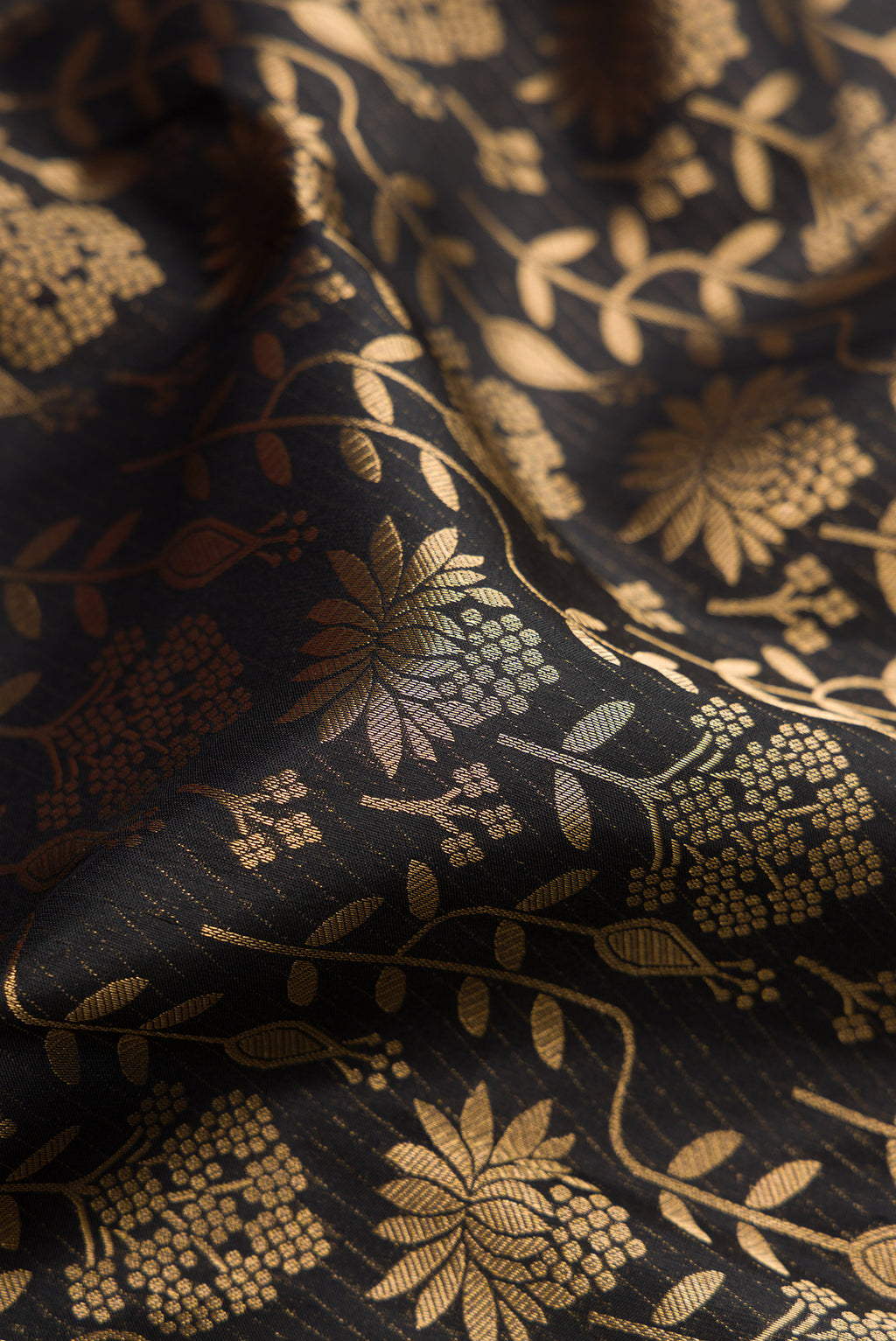 Close up of Violet Dual Tone Kanchipuram Silk Saree with Zari Brocade on the body and Zari Border.  displaying folds