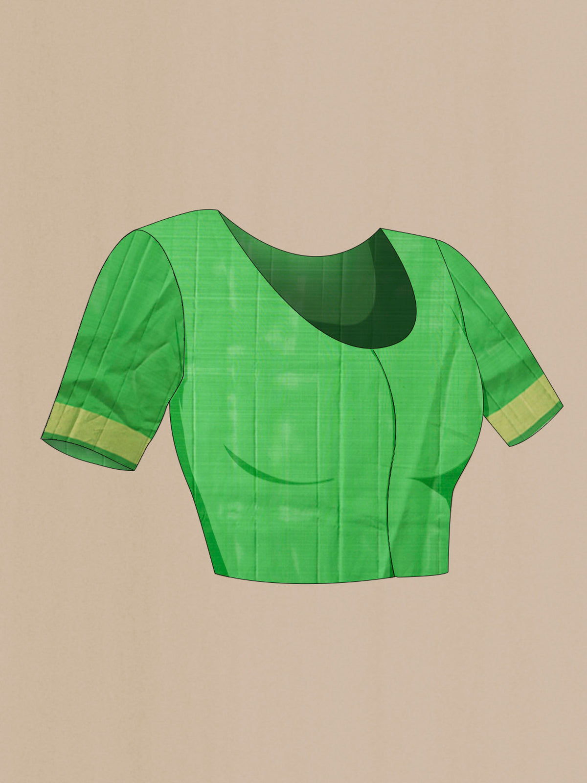 Close up image of the blouse of Green Soft Silk Saree with Zari Butta on the body and Zari Border