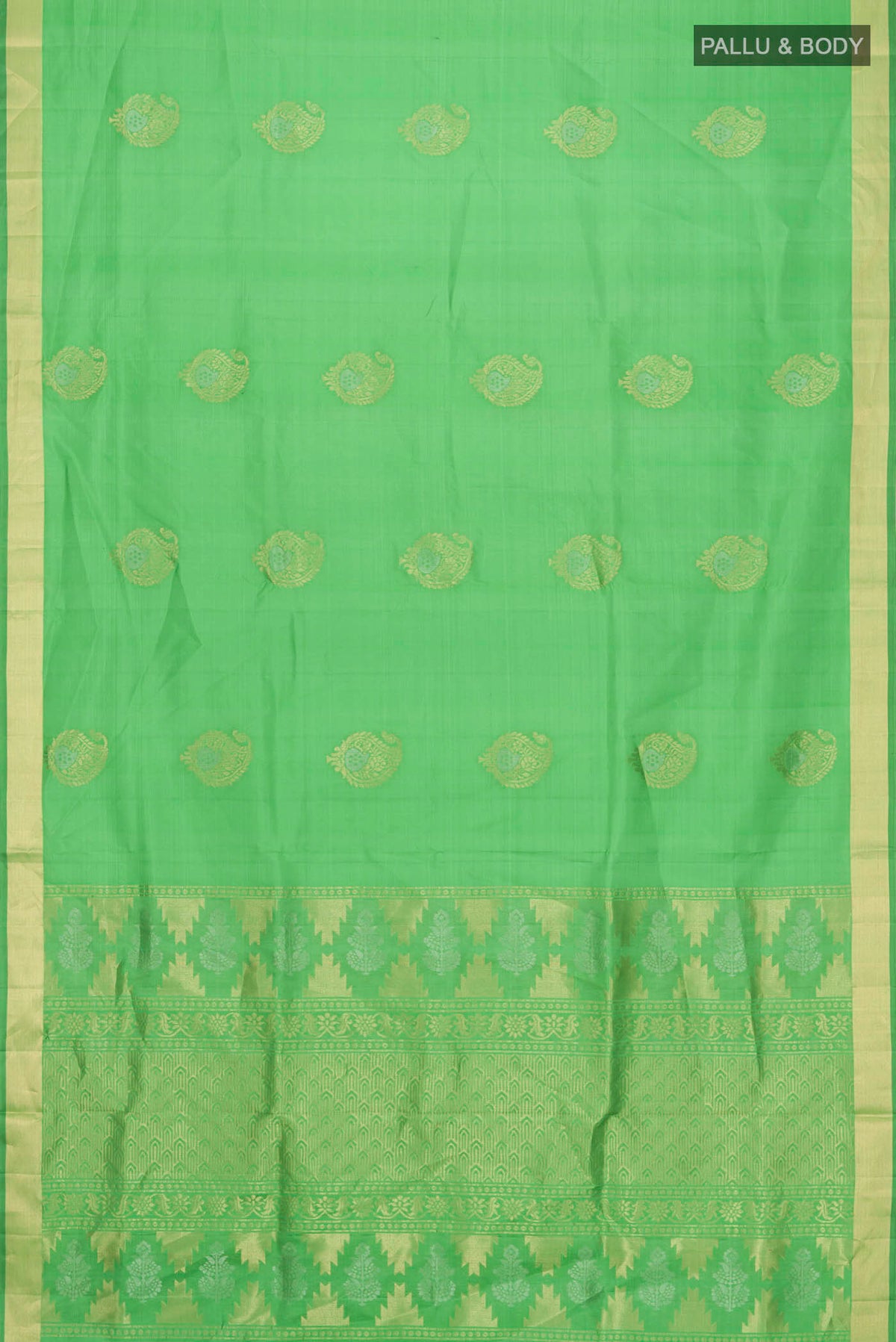 Flat view of Green Soft Silk Saree with Zari Butta on the body and Zari Border