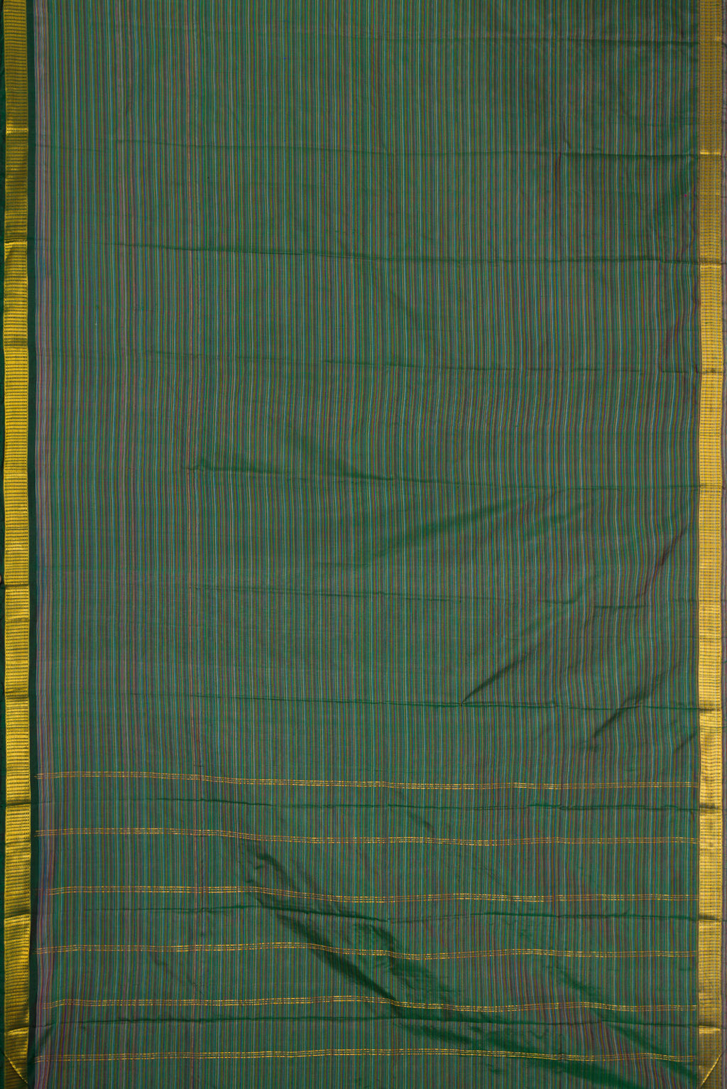 Flat view of Mehandi Green Dual Tone Kanjivaram Silk Saree with Stripes on the body and Zari Border. 