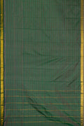 Mehandi Green Dual Tone Kanjivaram Silk Saree with Stripes on the body and Zari Border.  displayed on a mannequin