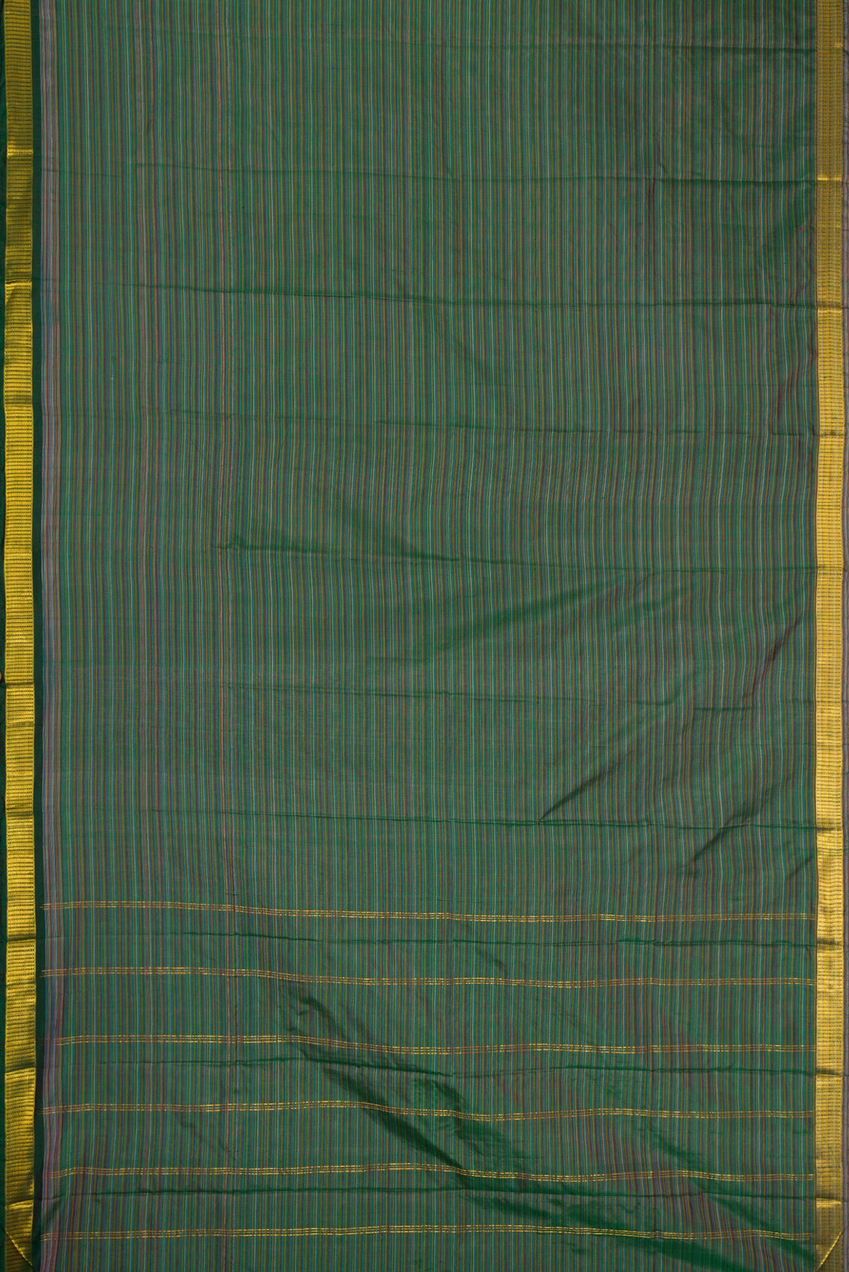 Mehandi Green Dual Tone Kanjivaram Silk Saree with Stripes on the body and Zari Border.  displayed on a mannequin