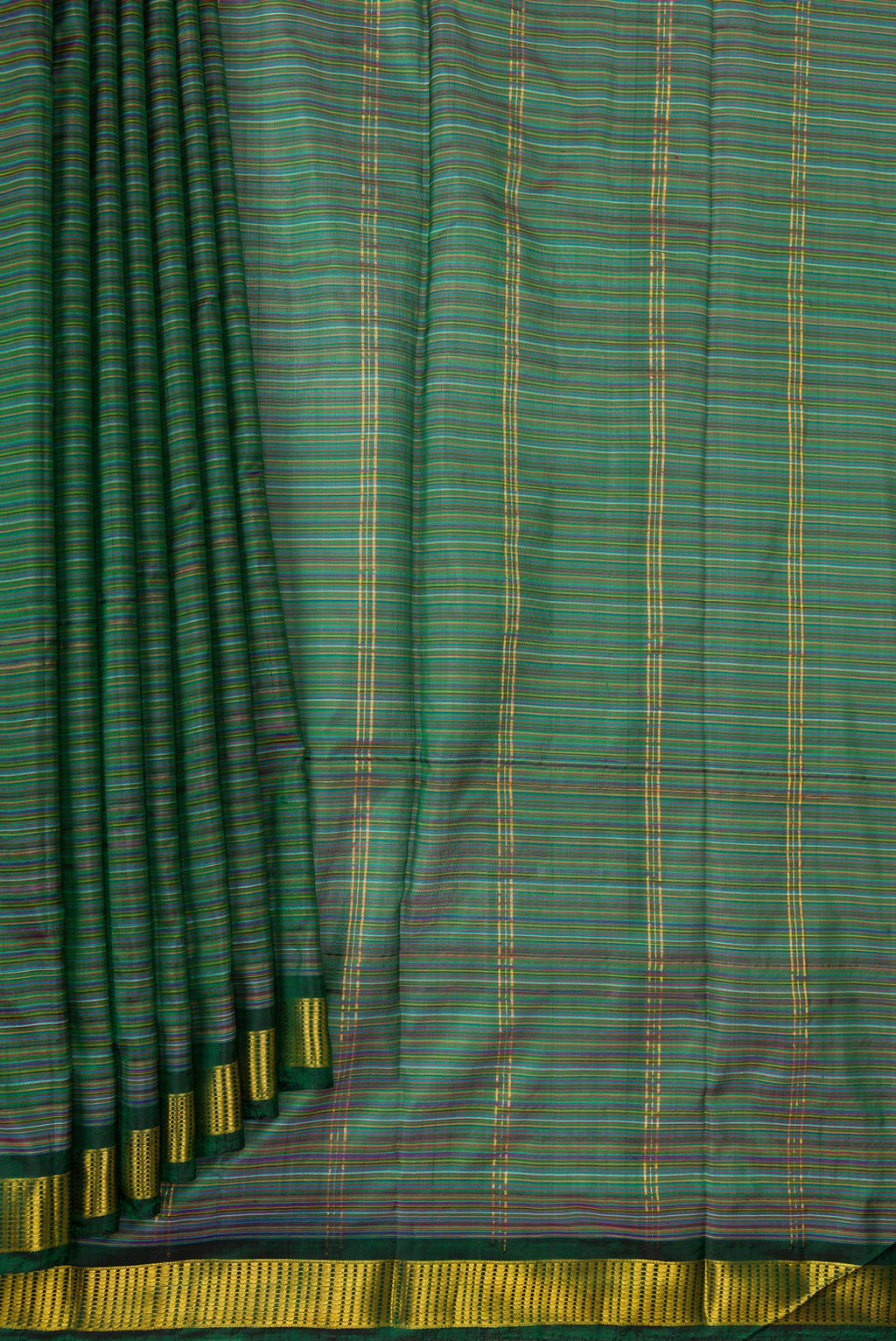 Pleats and pallu of Mehandi Green Dual Tone Kanjivaram Silk Saree with Stripes on the body and Zari Border. 