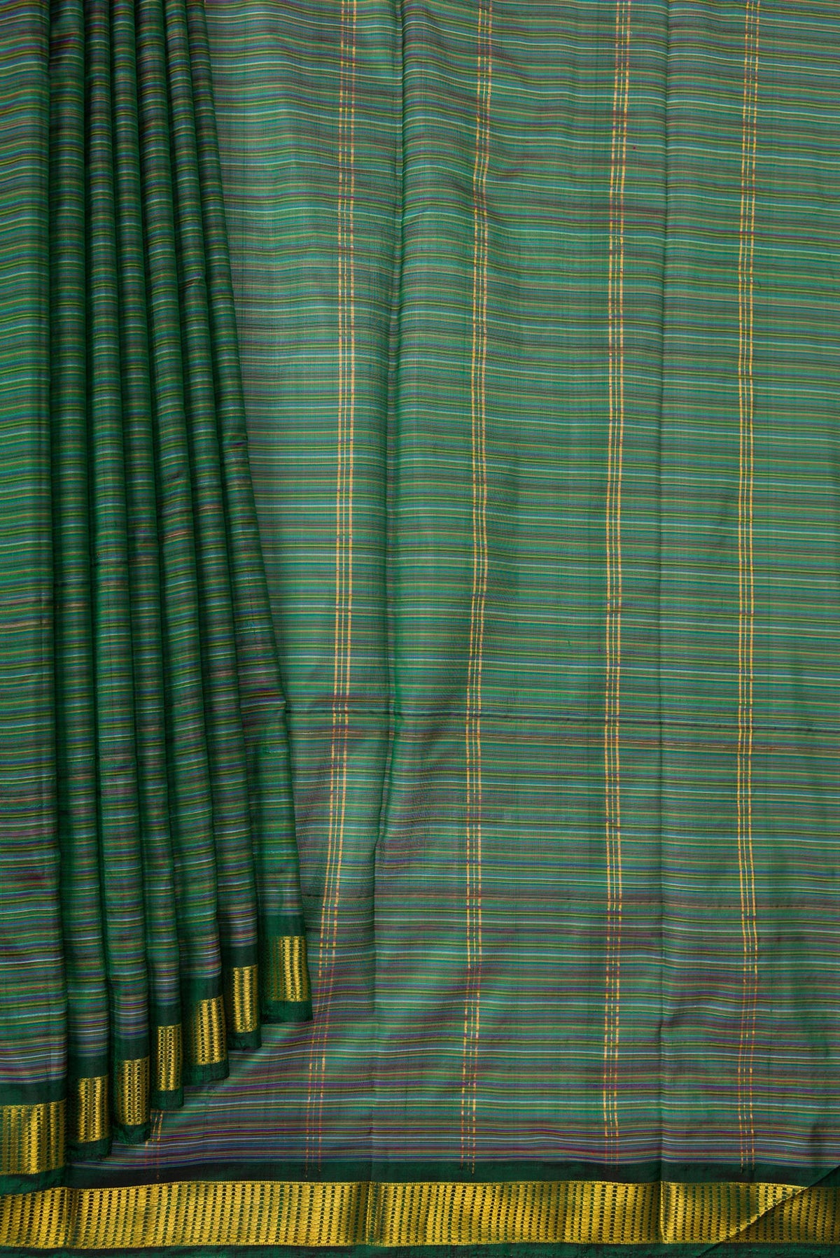 Pleats and pallu of Mehandi Green Dual Tone Kanjivaram Silk Saree with Stripes on the body and Zari Border. 