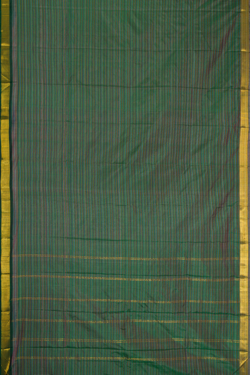 Flat view of Mehandi Green Dual Tone Kanjivaram Silk Saree with Stripes on the body and Zari Border. 
