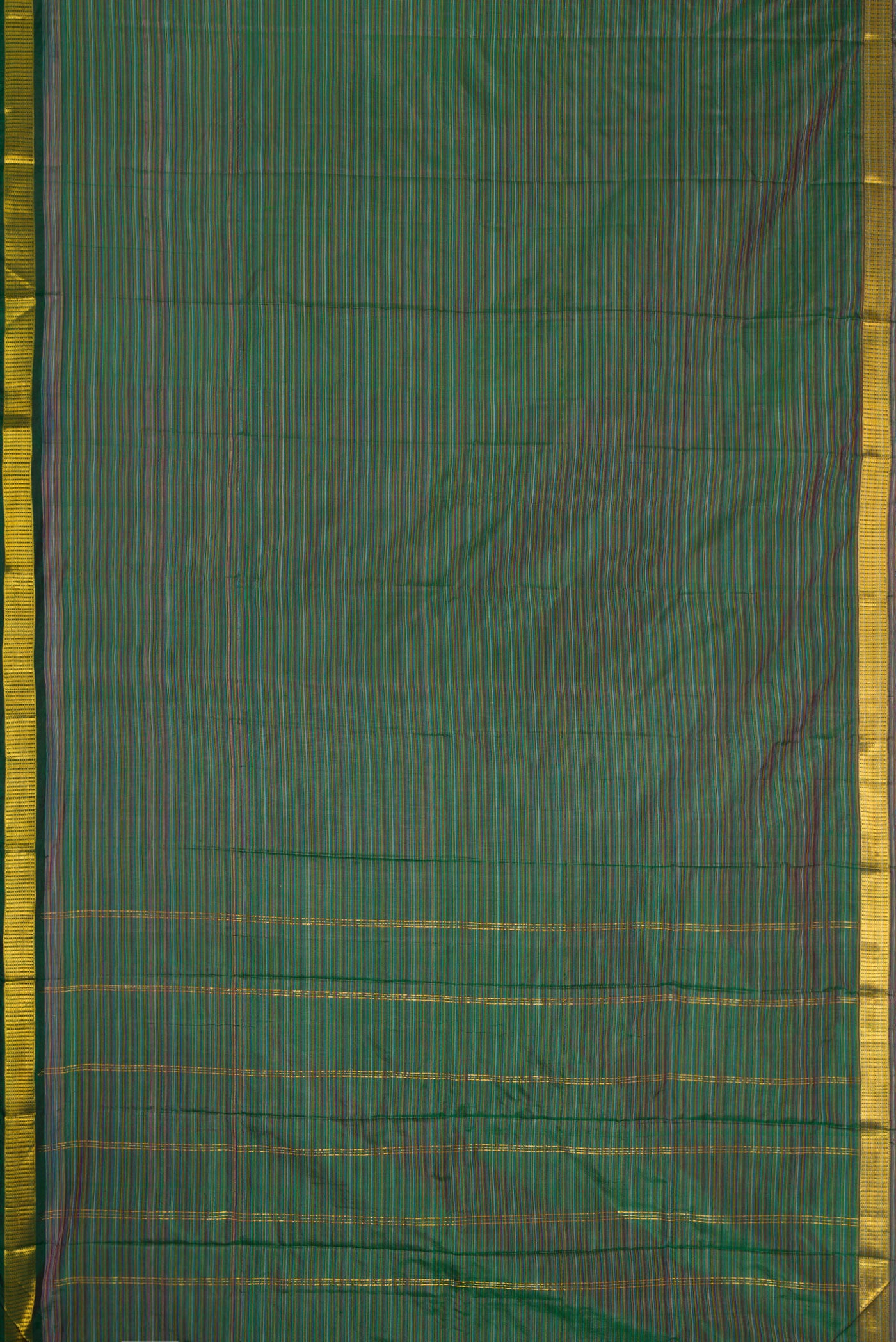 Flat view of Mehandi Green Dual Tone Kanjivaram Silk Saree with Stripes on the body and Zari Border. 