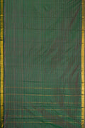 Mehandi Green Dual Tone Kanjivaram Silk Saree with Stripes on the body and Zari Border.  displayed on a mannequin