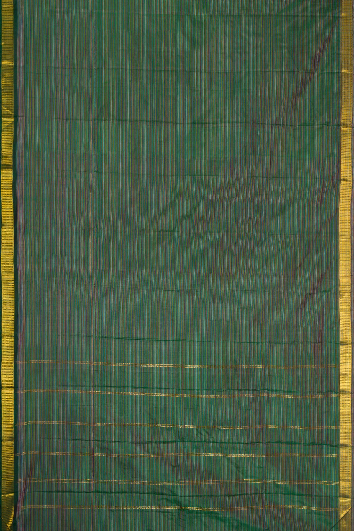 Mehandi Green Dual Tone Kanjivaram Silk Saree with Stripes on the body and Zari Border.  displayed on a mannequin