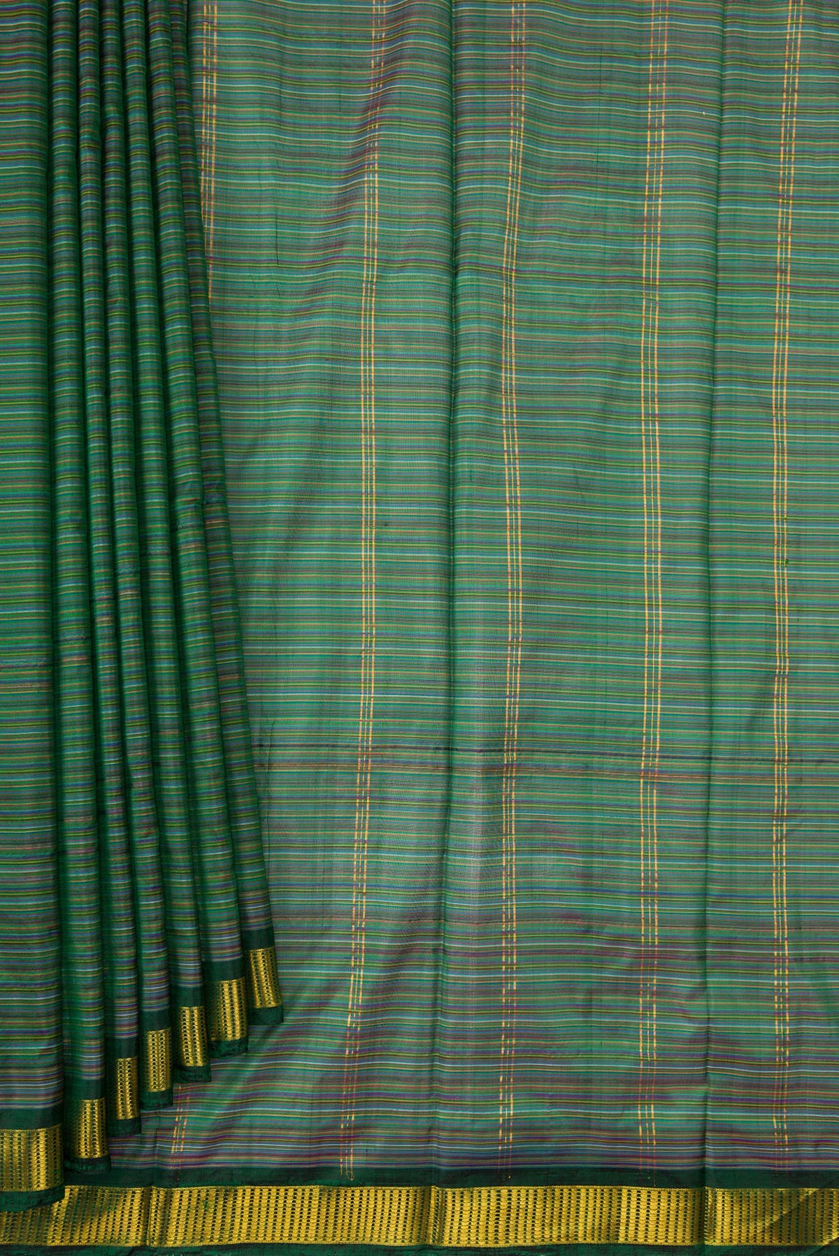Pleats and pallu of Mehandi Green Dual Tone Kanjivaram Silk Saree with Stripes on the body and Zari Border. 