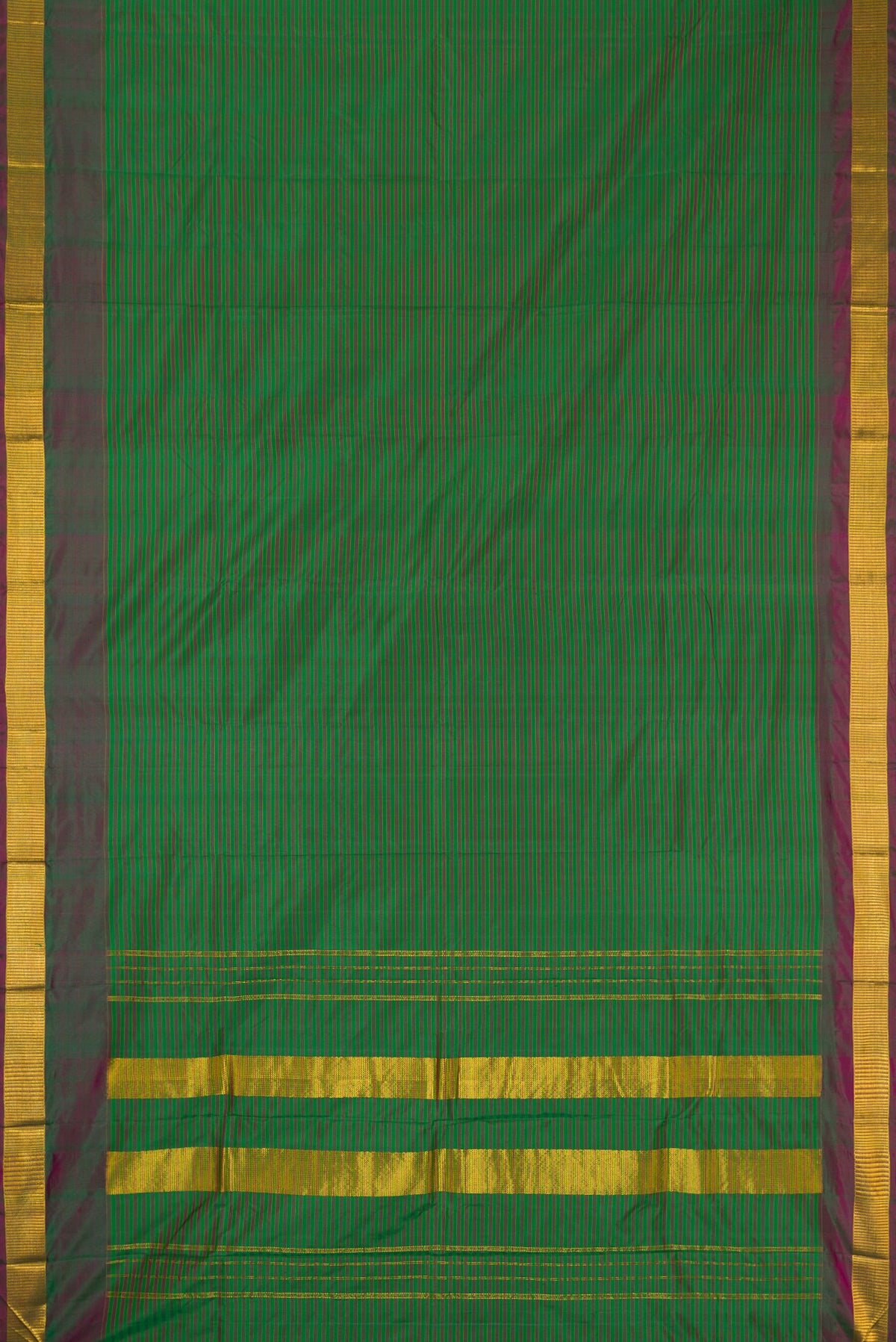 Flat view of Green Dual Tone Kanjivaram Silk Saree with Stripes on the body and Zari Border. 