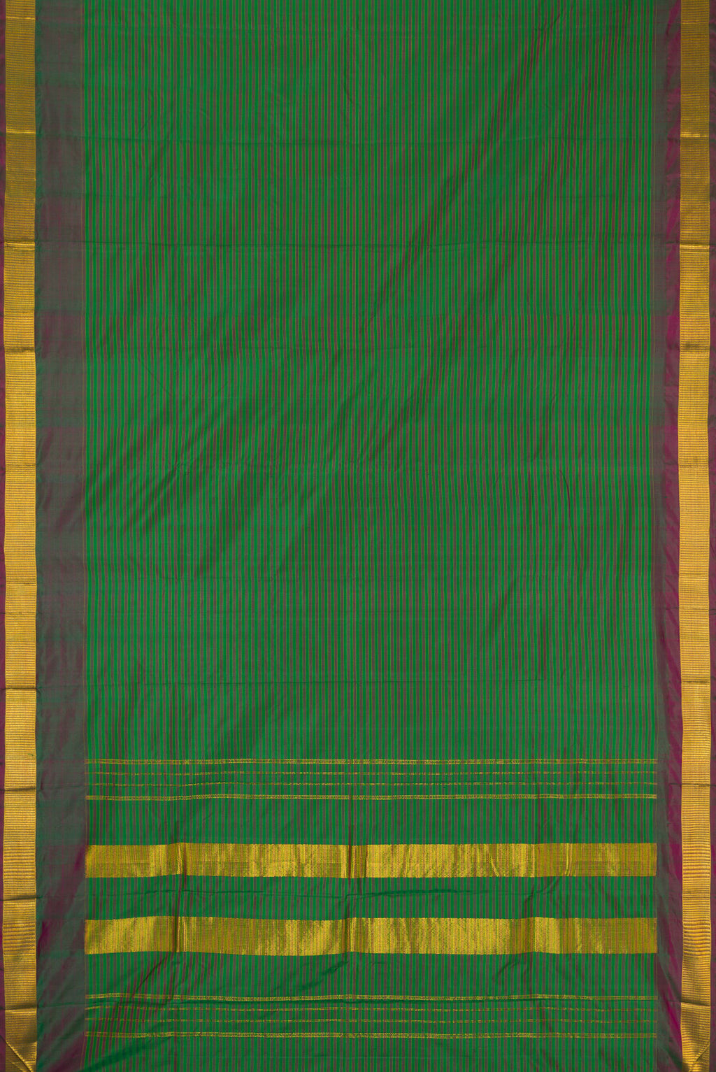Green Dual Tone Kanjivaram Silk Saree with Stripes on the body and Zari Border.  displayed on a mannequin