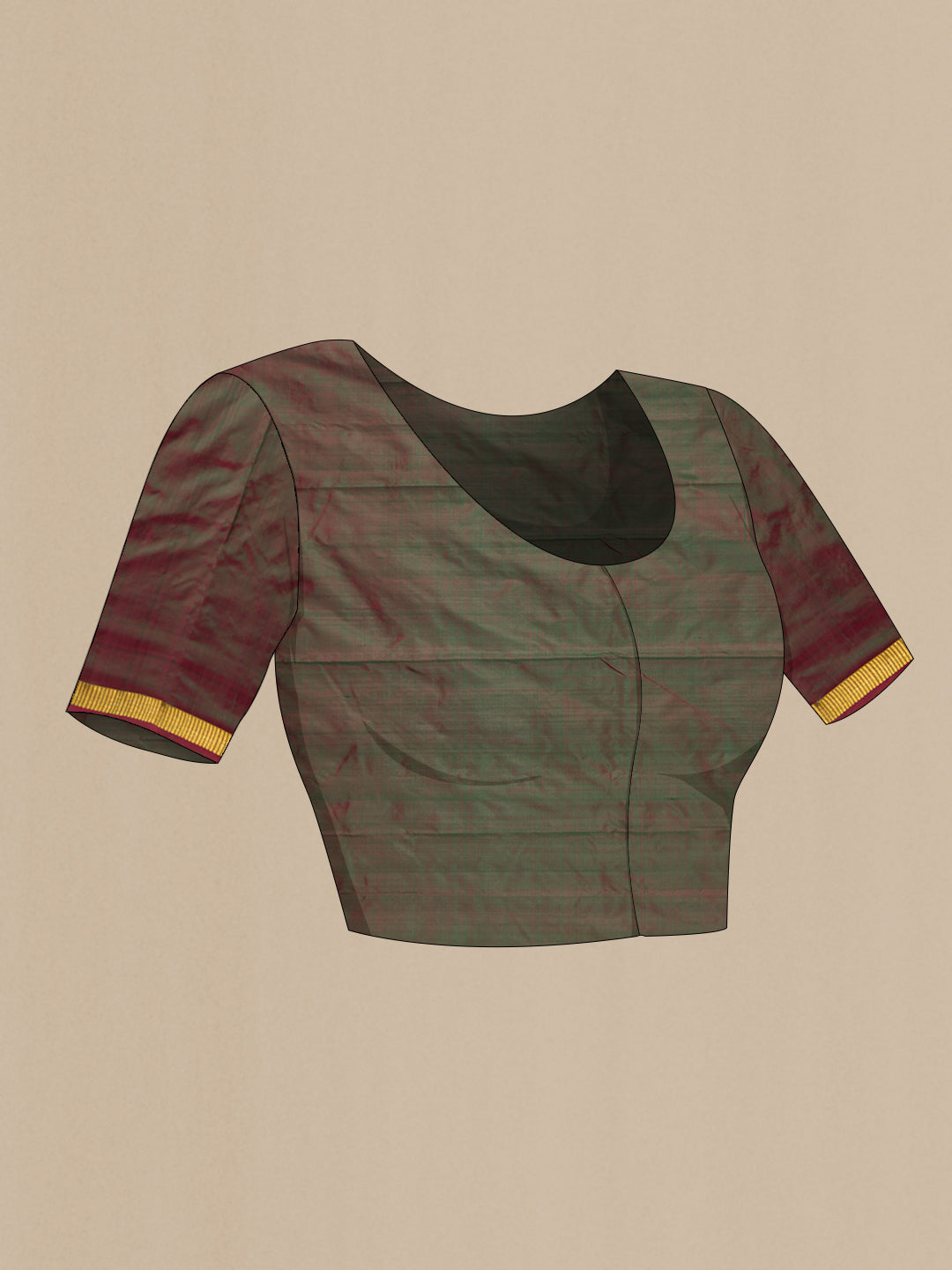 Close up image of the blouse of Green Dual Tone Kanchipuram Silk Saree with Plain Body and Zari Border. 
