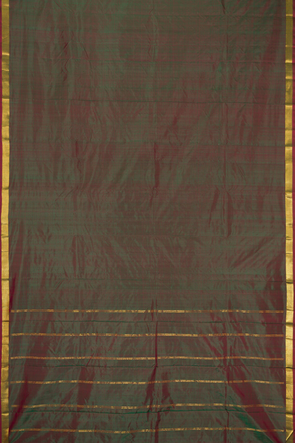 Flat view of Green Dual Tone Kanchipuram Silk Saree with Plain Body and Zari Border. 