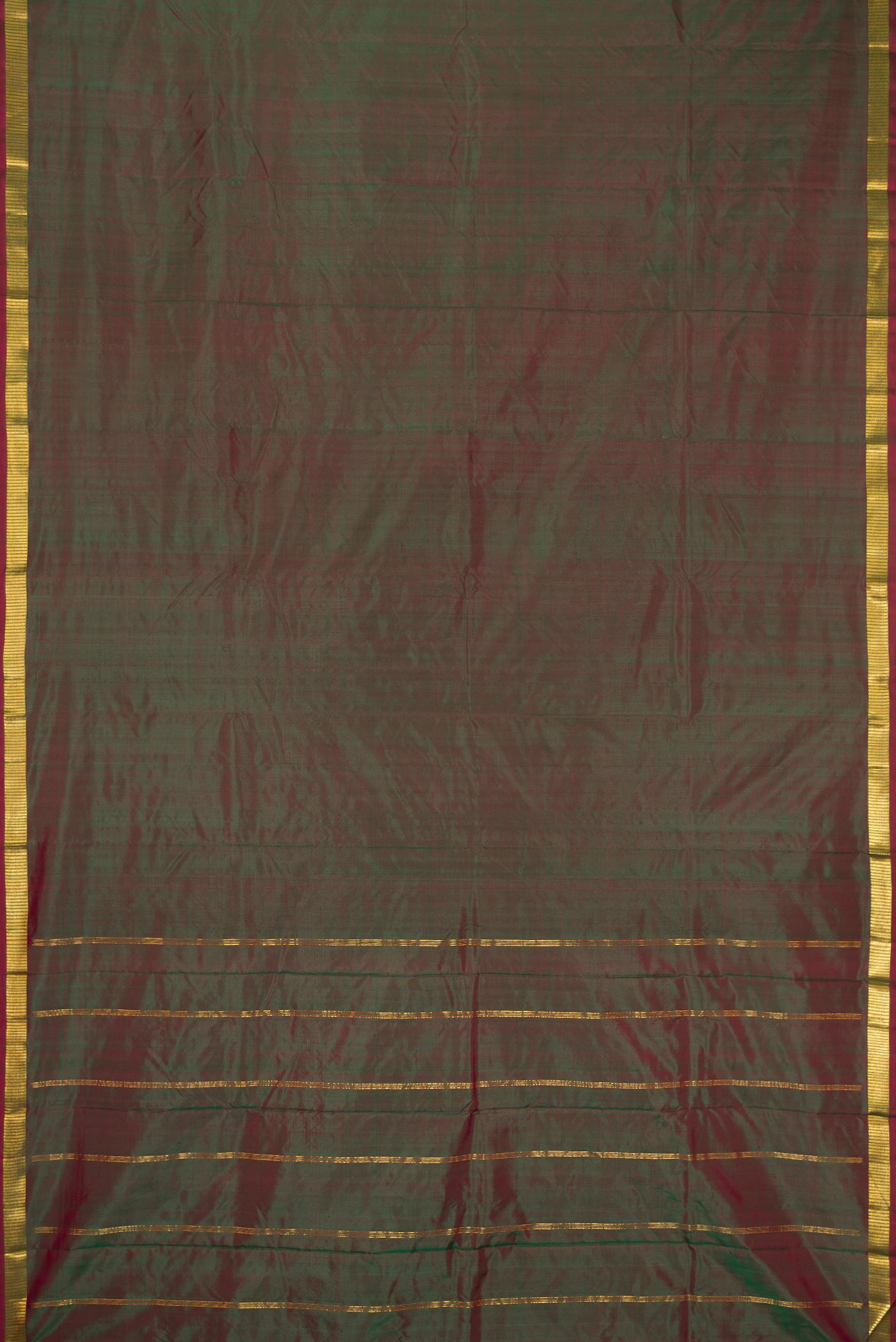 Flat view of Green Dual Tone Kanchipuram Silk Saree with Plain Body and Zari Border. 
