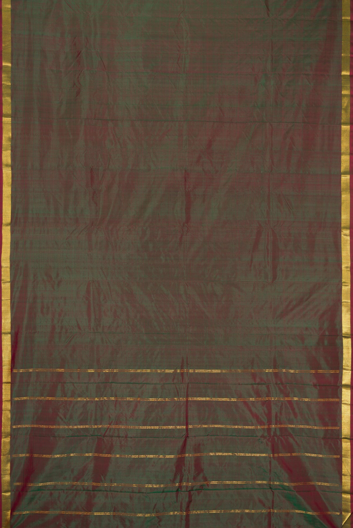 Flat view of Green Dual Tone Kanchipuram Silk Saree with Plain Body and Zari Border. 