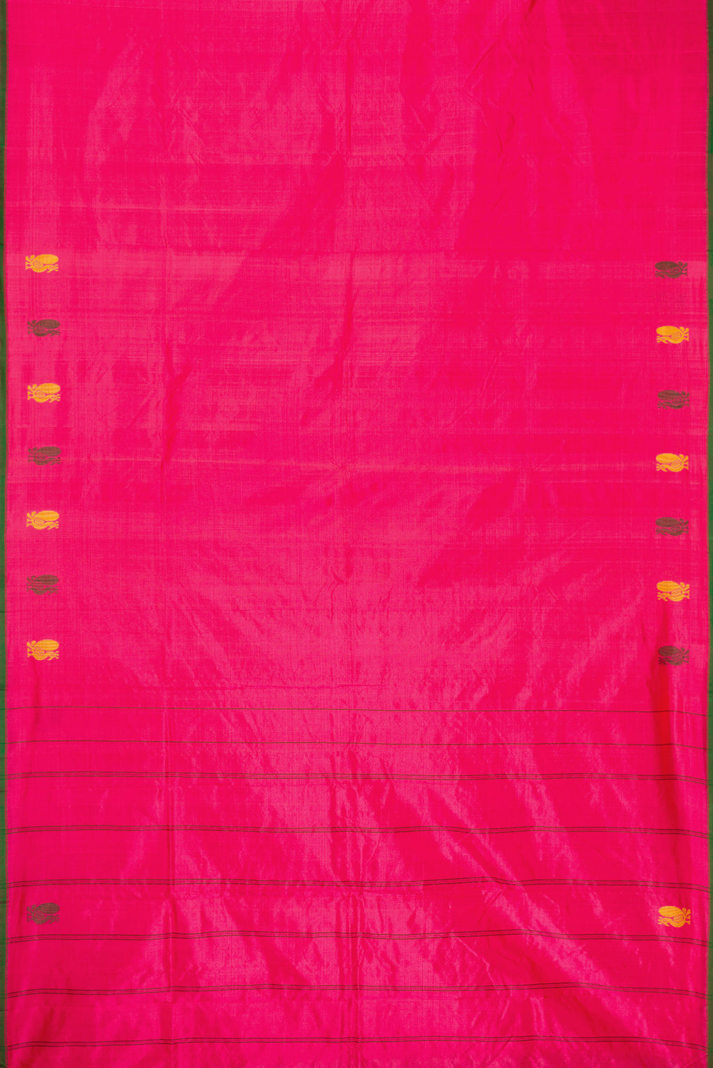 Pink Dual Tone Kanchipuram Silk Saree with Plain Body and Thread Border.  displayed on a mannequin