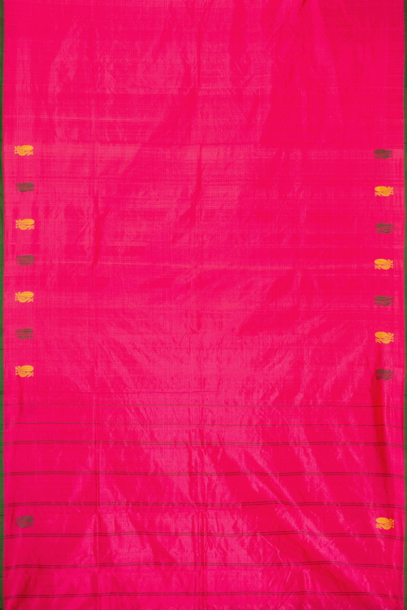 Pink Dual Tone Kanchipuram Silk Saree with Plain Body and Thread Border.  displayed on a mannequin