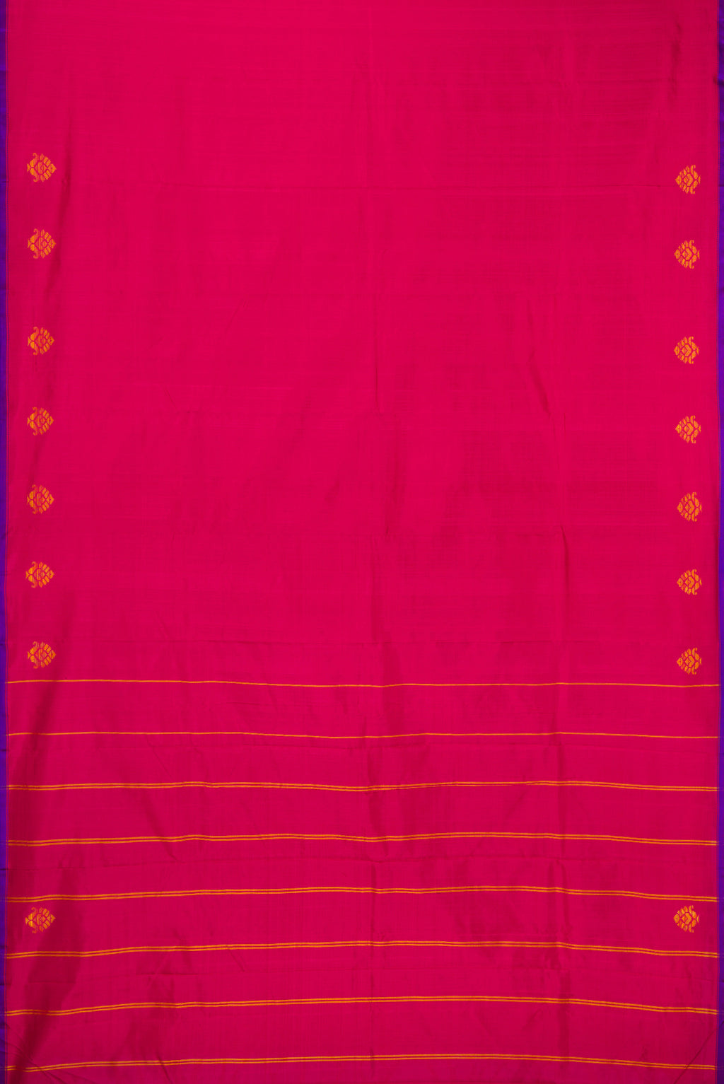 Dark Pink Kanchipuram Silk Saree with Plain Body and Thread Border.  displayed on a mannequin