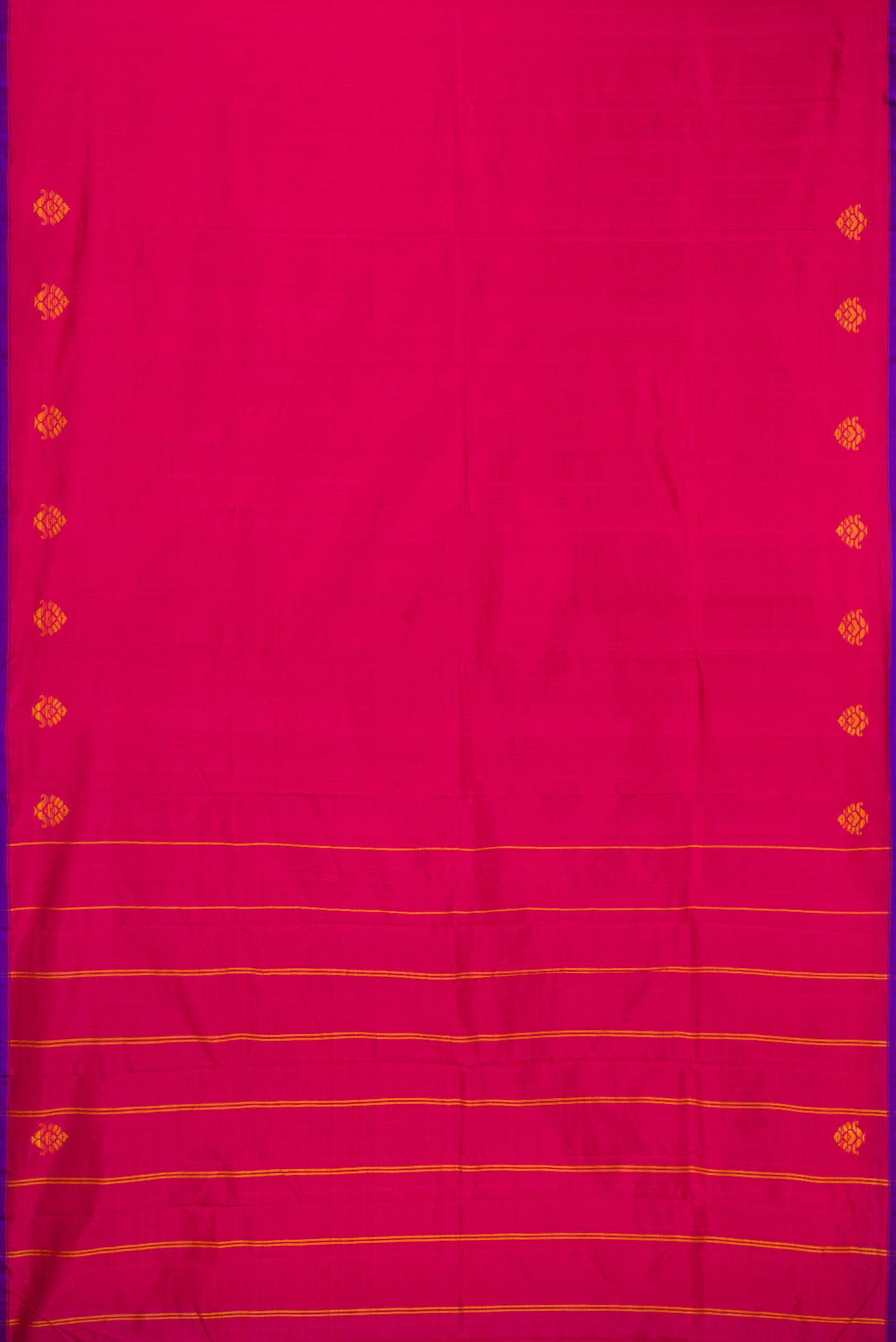 Dark Pink Kanchipuram Silk Saree with Plain Body and Thread Border.  displayed on a mannequin