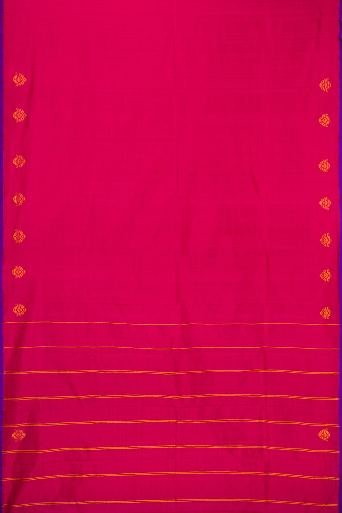 Dark Pink Kanchipuram Silk Saree with Plain Body and Thread Border.  displayed on a mannequin