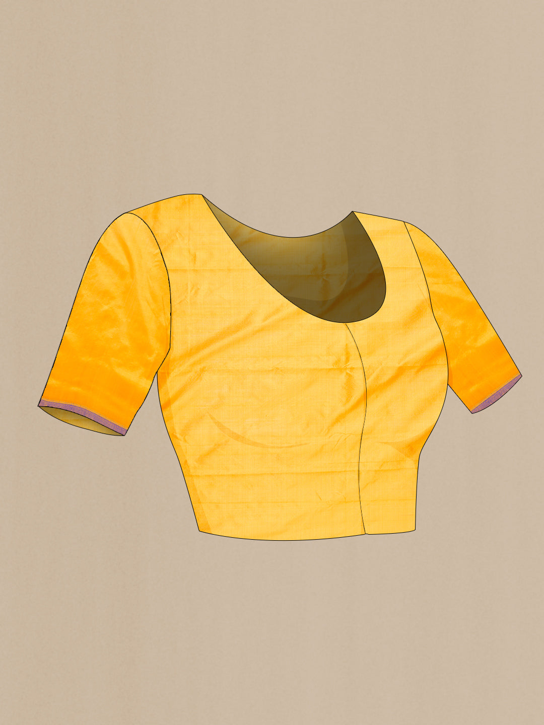 Close up image of the blouse of Yellow Dual Tone Kanchipuram Silk Saree with Plain Body and Thread Border. 