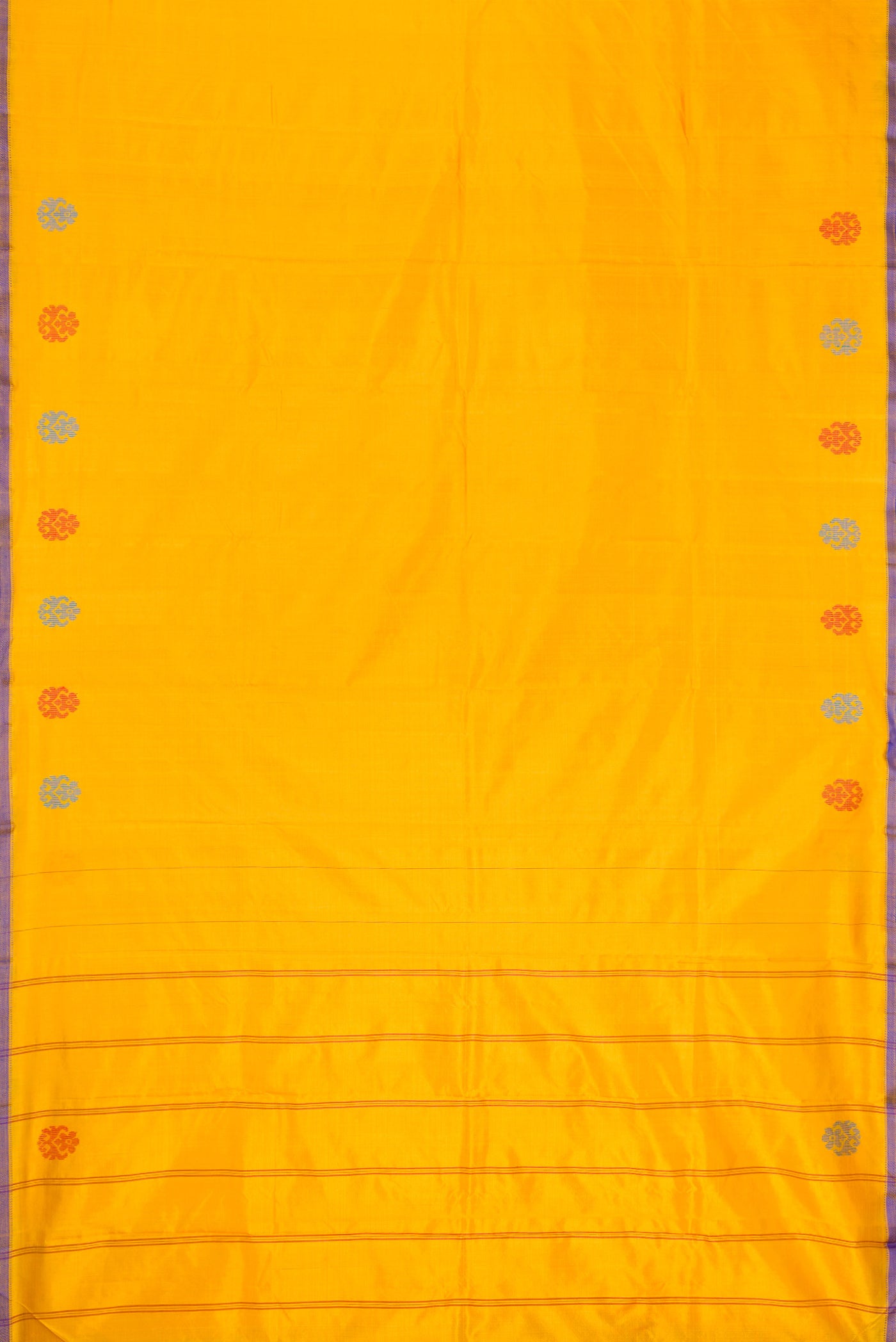Flat view of Yellow Dual Tone Kanchipuram Silk Saree with Plain Body and Thread Border. 