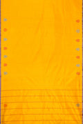 Yellow Dual Tone Kanchipuram Silk Saree with Plain Body and Thread Border.  displayed on a mannequin