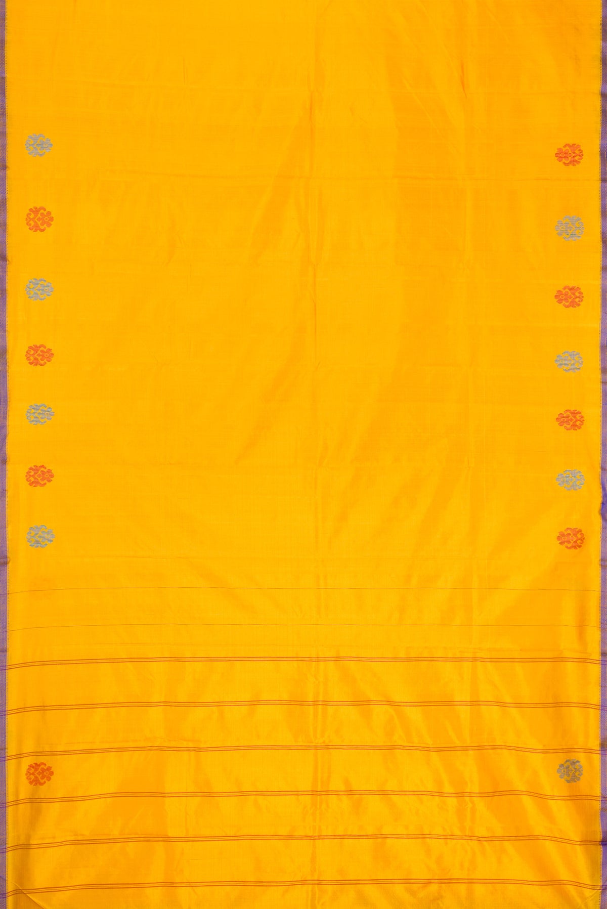 Yellow Dual Tone Kanchipuram Silk Saree with Plain Body and Thread Border.  displayed on a mannequin