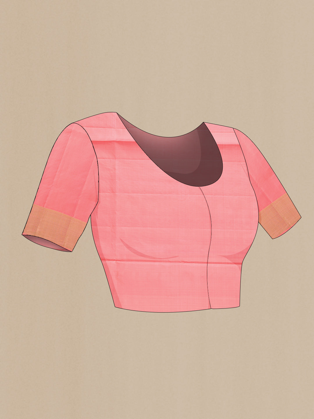 Close up image of the blouse of Peach Dual Tone Soft Silk Saree with Zari Butta on the body and Zari Border