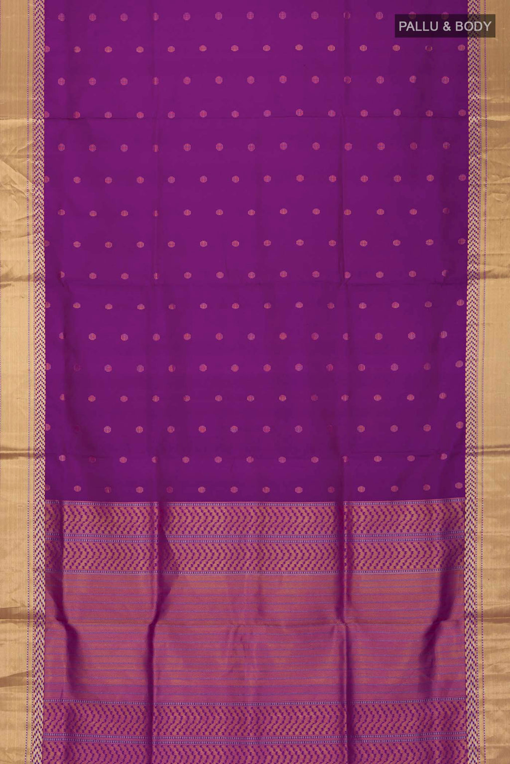 Flat view of Violet Soft Silk Saree with Zari Butta on the body and Zari Border