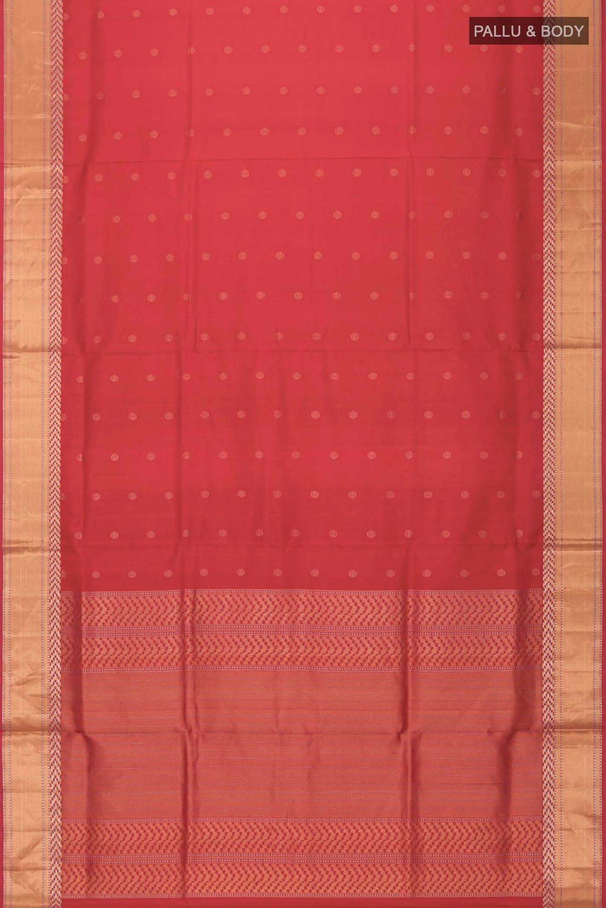 Flat view of Red Soft Silk Saree with Zari Butta on the body and Zari Border