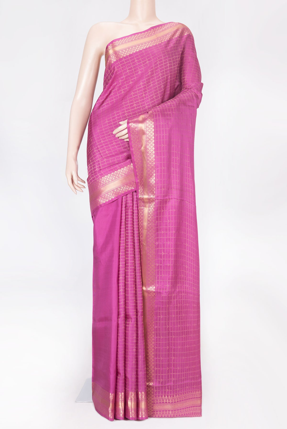 Pink Dual Tone Soft Silk Saree with Zari Brocade on the body and Zari Border displayed on a mannequin