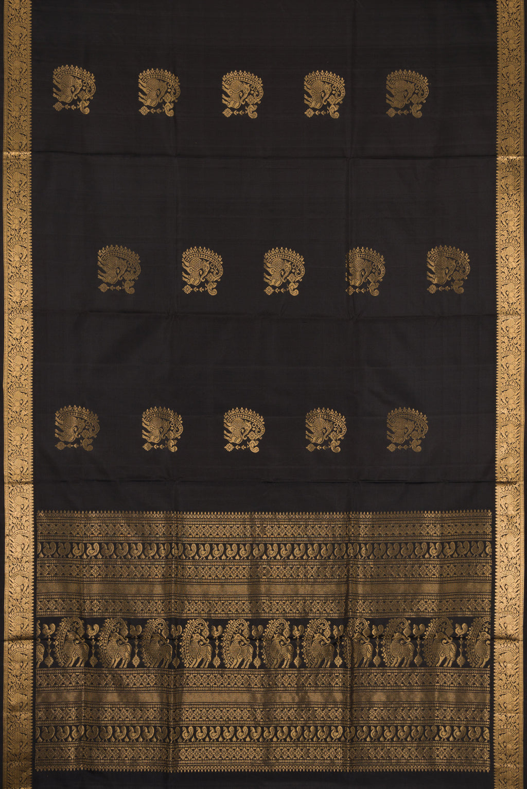 Flat view of Black Dual Tone Soft Silk Saree with Zari Butta on the body and Zari Border. 