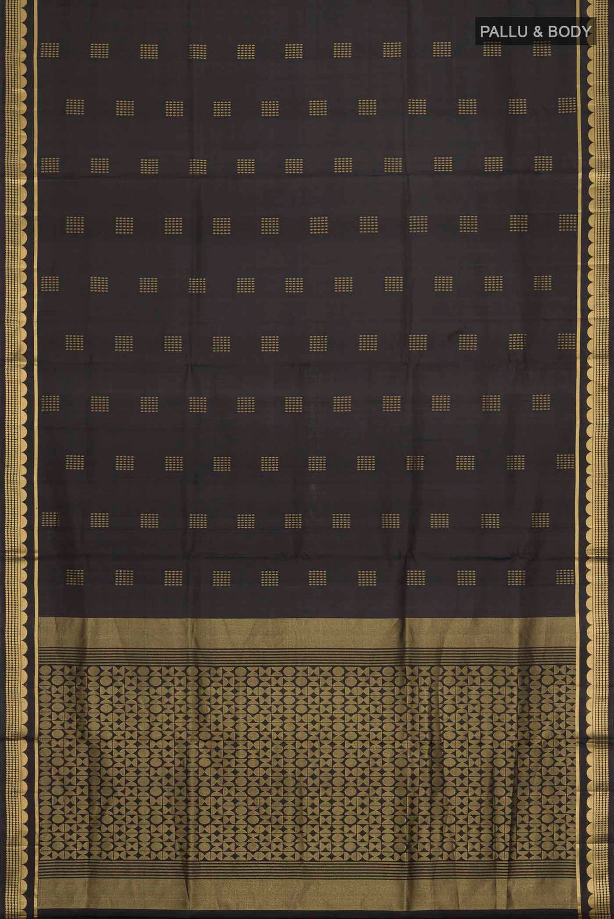 Flat view of Black Soft Silk Saree with Zari Butta on the body and Zari Border