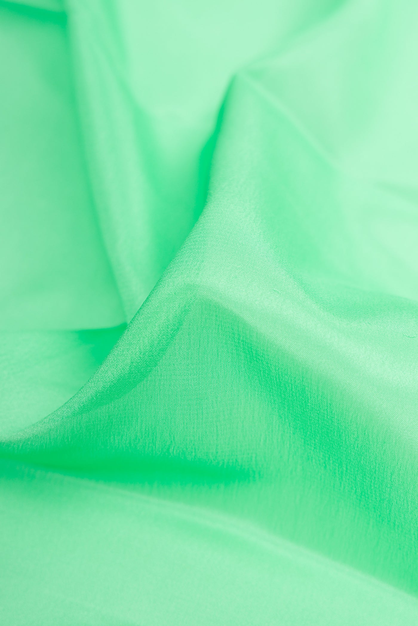 Close up of Green Mysore Crepe Saree with Plain Body and Zari Border.  displaying folds