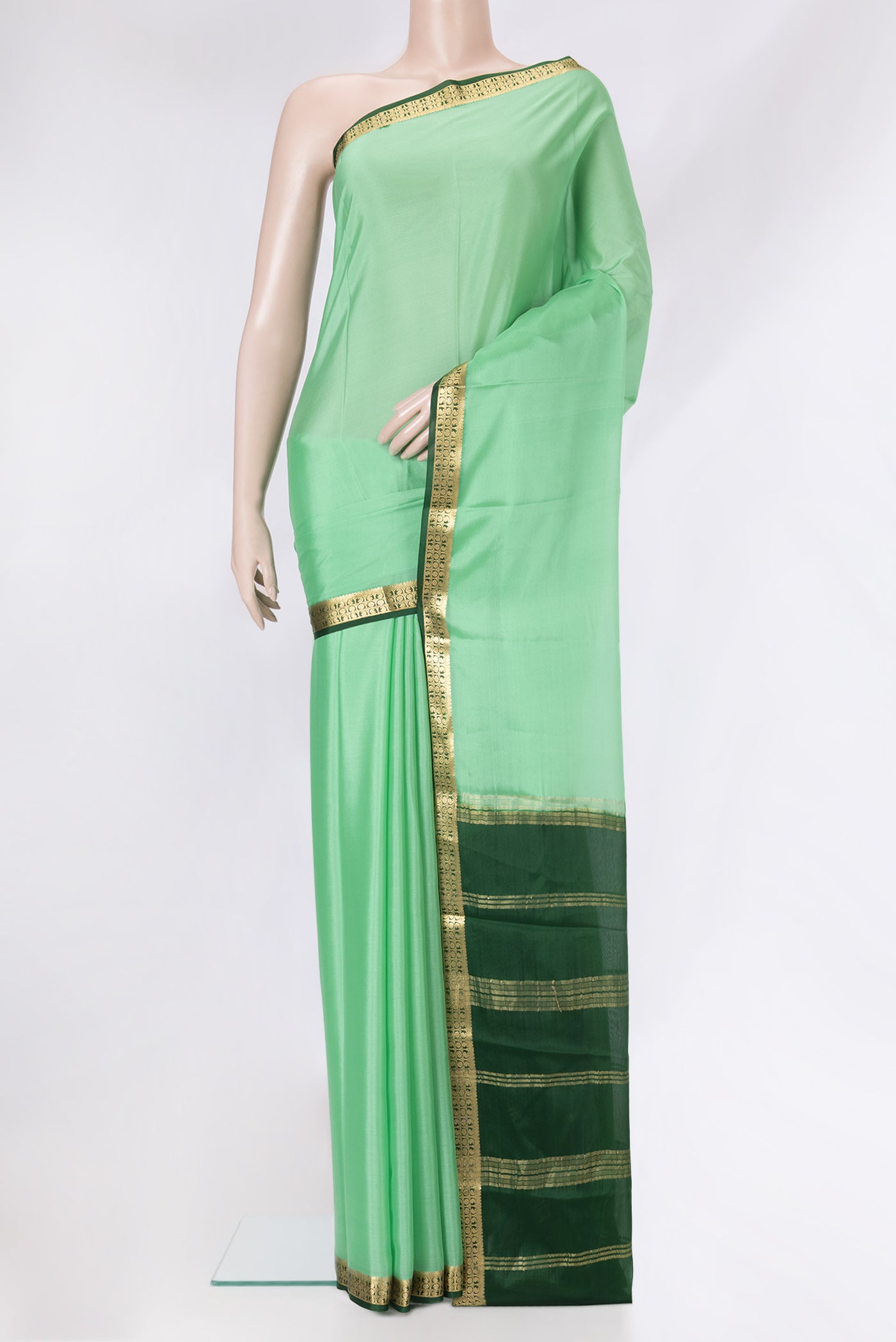 Sea Green Dual Tone Mysore Silk Saree with Plain Body and Zari Border.  displayed on a mannequin