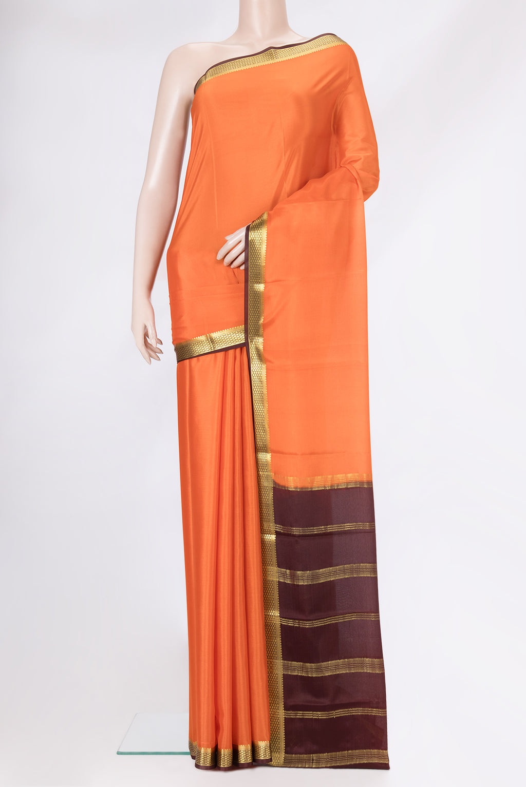 Orange Dual Tone Mysore Silk Saree with Plain Body and Zari Border.  displayed on a mannequin