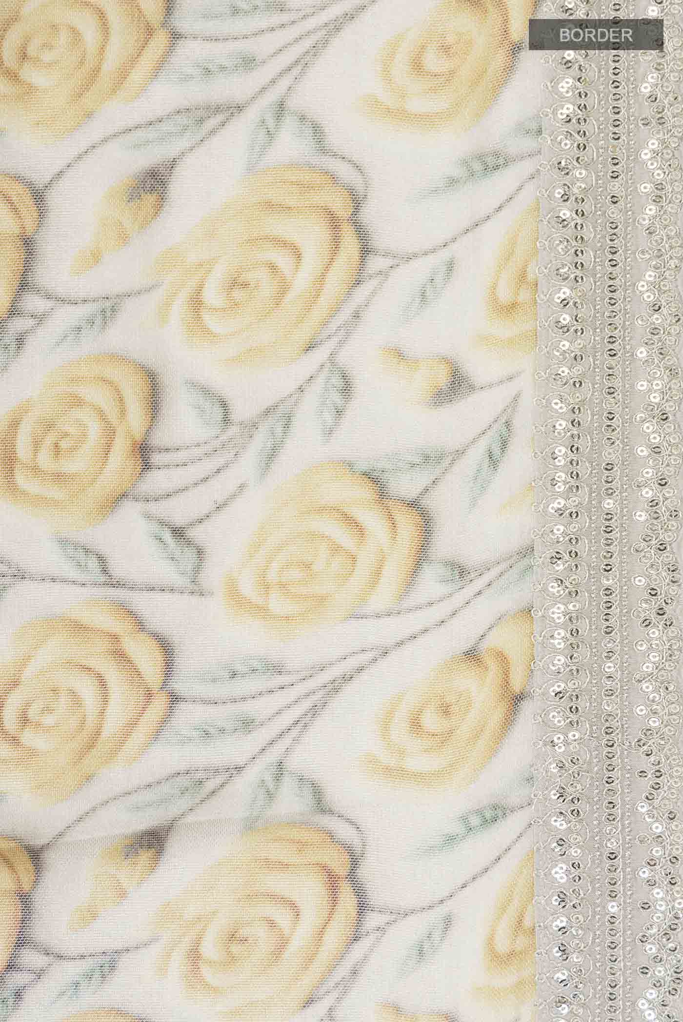 Border image of Grey Mysore Georgette Saree with Printed design on the body and Embroidery Border