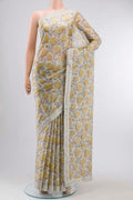 Grey Mysore Georgette Saree with Printed design on the body and Embroidery Border displayed on a mannequin