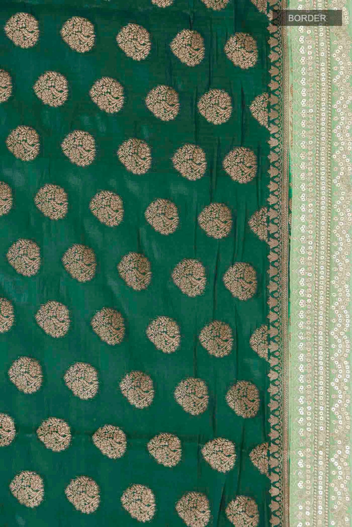 Border image of Green Banarasi Raw Silk Saree with Zari Butta on the body and Embroidery Border