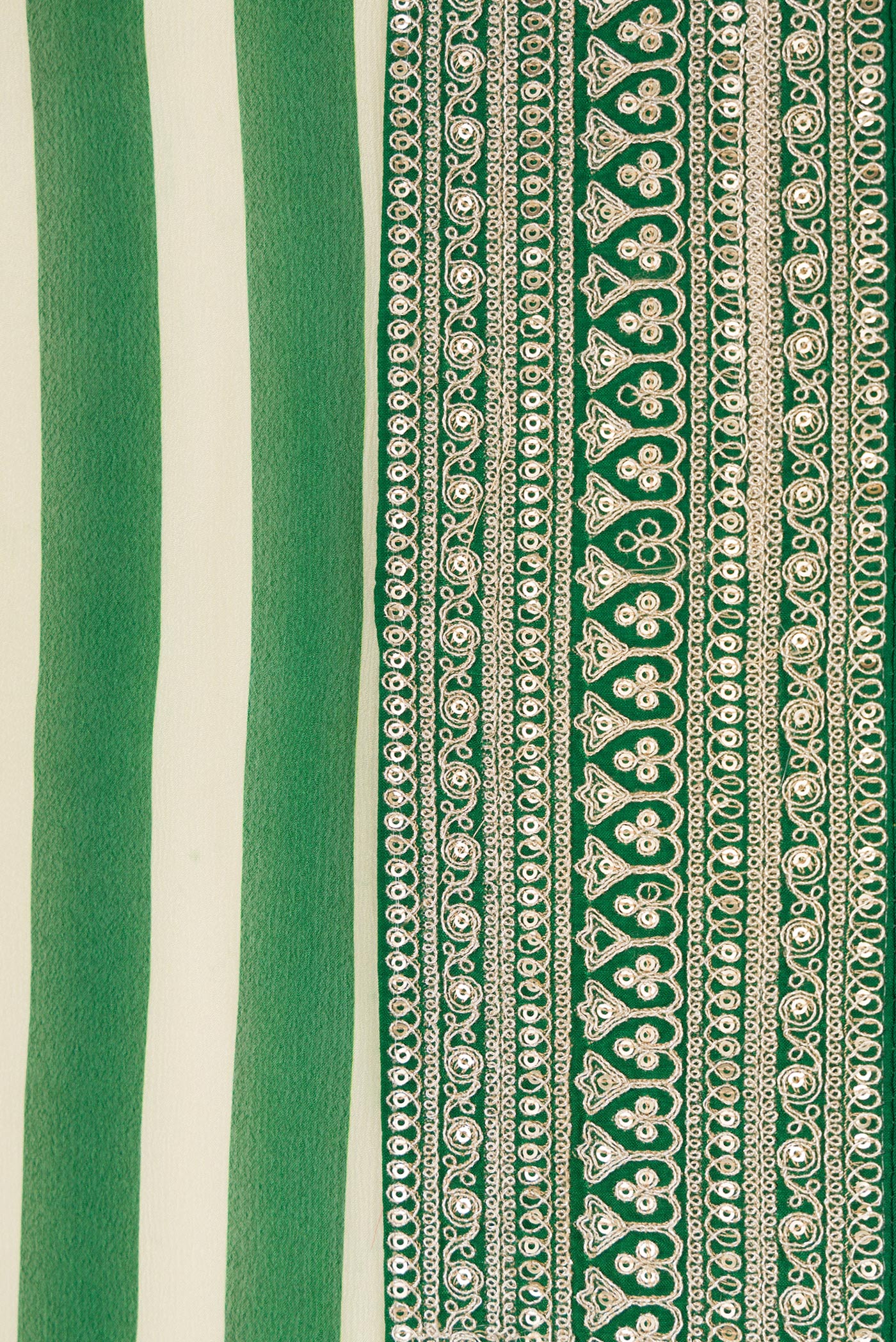 Border image of Beige and Green Color Mysore Crepe Saree with Stripes on the body and Embroidery Border. 