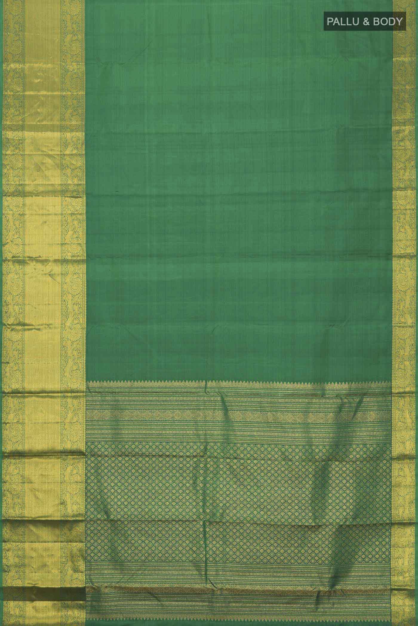 Flat view of Green Kanchipuram Silk Saree with Plain Body and Zari Border
