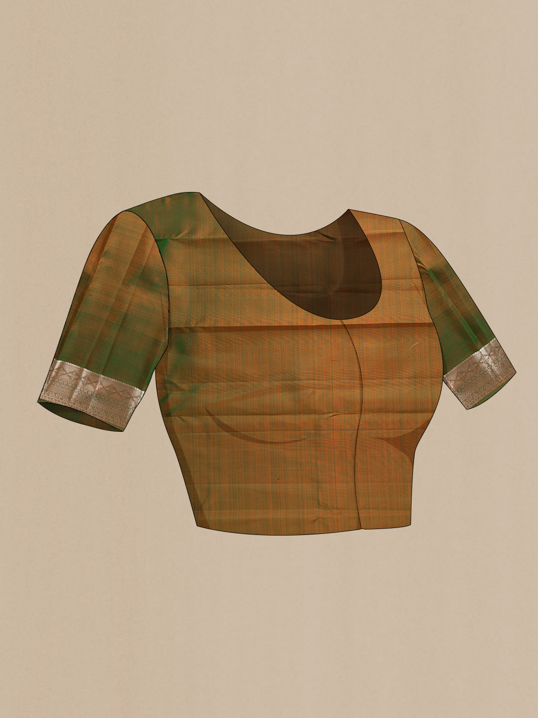 Close up image of the blouse of Green Dual Tone Kanchipuram Silk Saree with Zari Butta on the body and Zari Border
