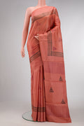 Brick Orange Dual Tone Tussar Silk Saree with Printed design on the body and Fancy Border.  displayed on a mannequin