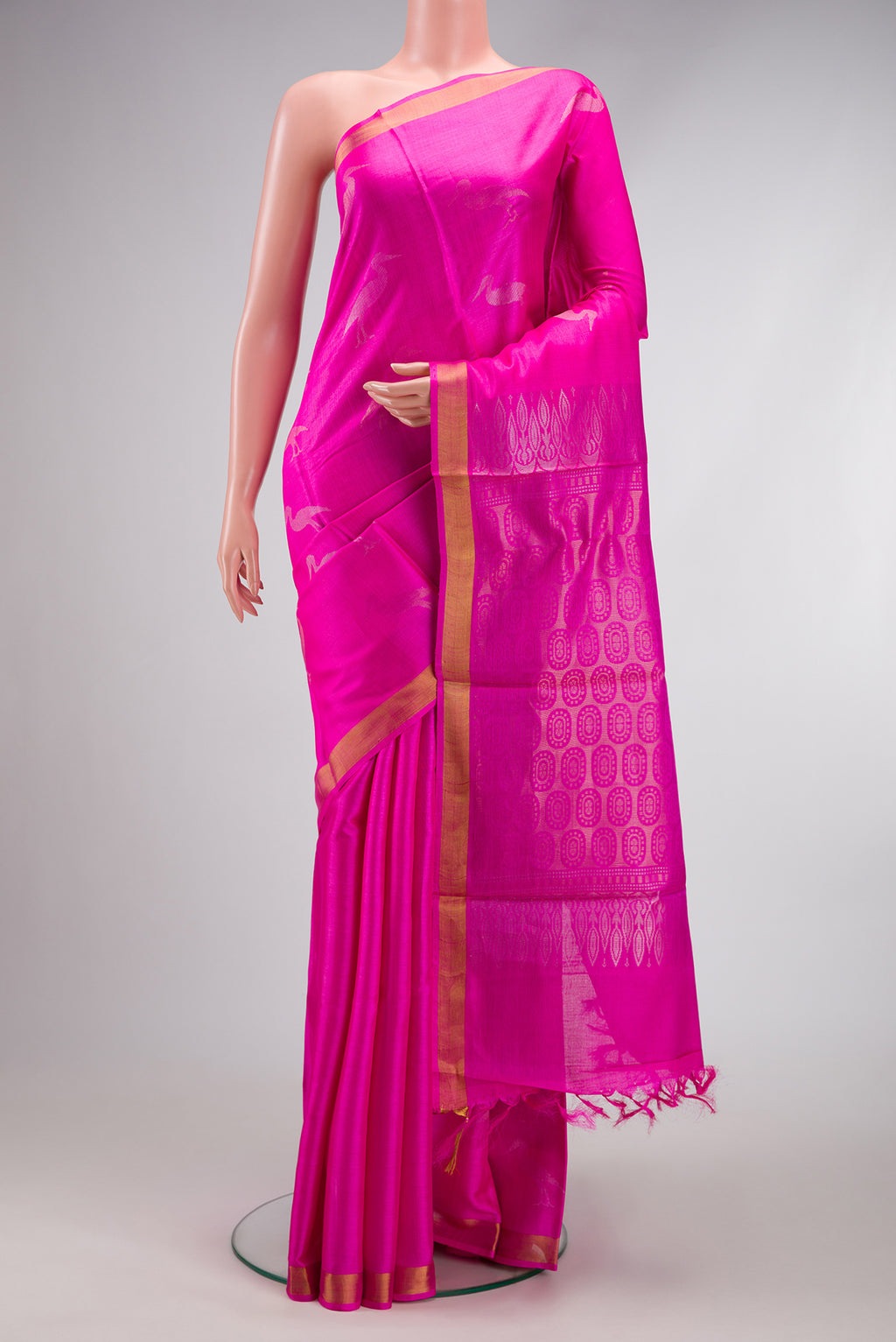 Pink Dual Tone Tussar Silk Saree with Zari Butta on the body and Zari Border.  displayed on a mannequin