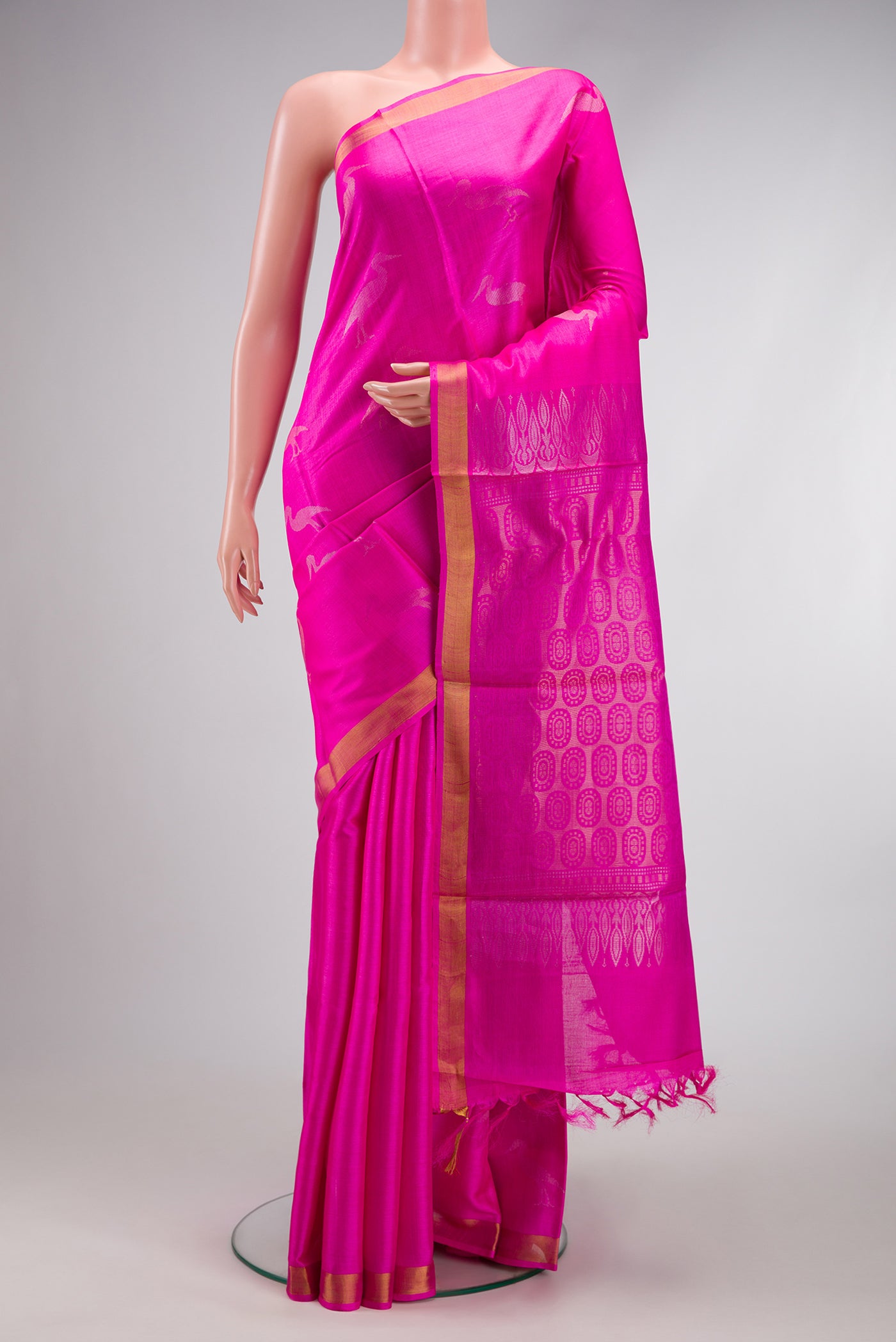 Pink Dual Tone Tussar Silk Saree with Zari Butta on the body and Zari Border.  displayed on a mannequin