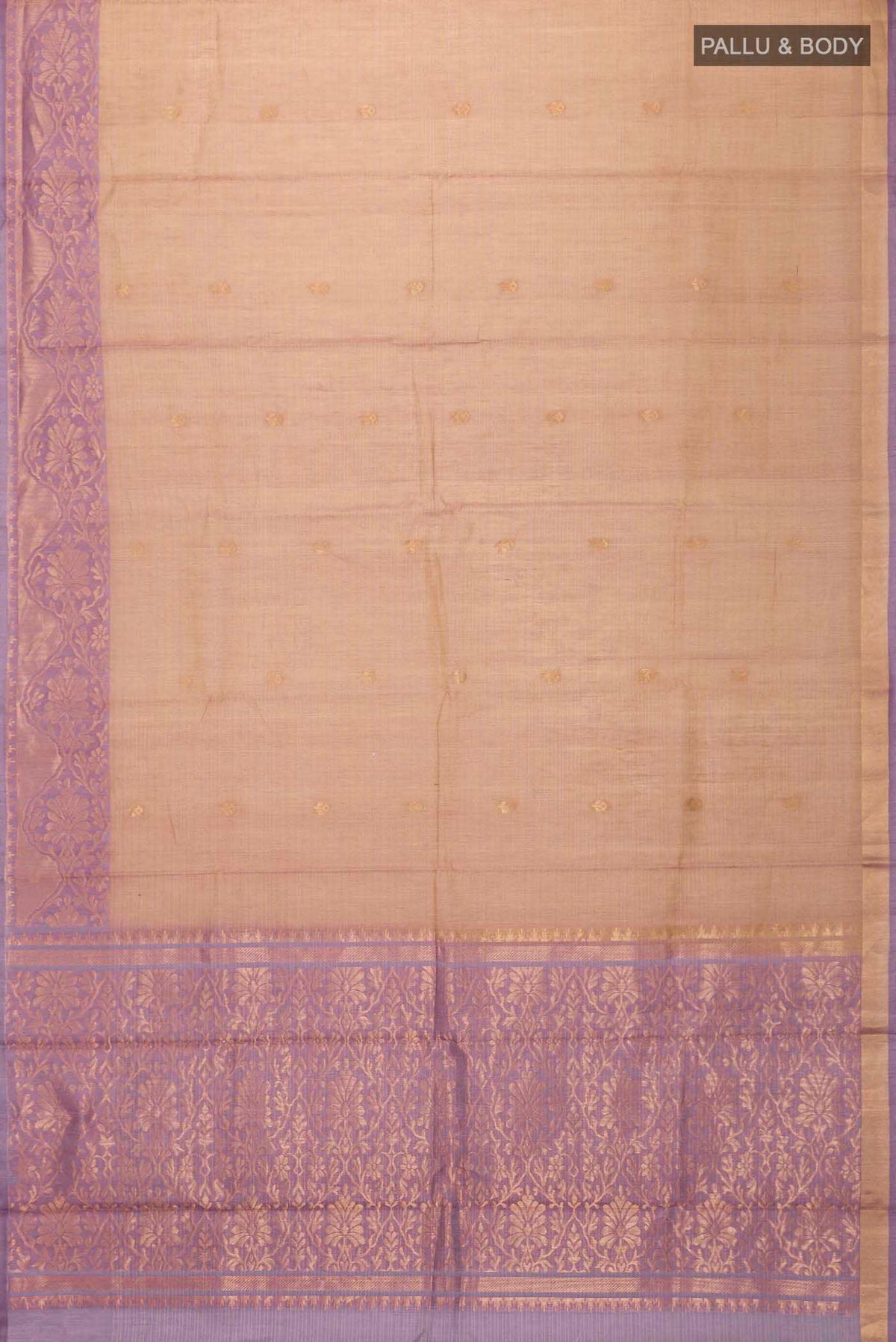 Flat view of Brown Silk Cotton Saree with Zari Butta on the body and Zari Border