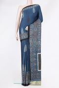 Indigo Dual Tone Blended Crepe Saree with Ajrakh Print on the body and Fancy Border.  displayed on a mannequin